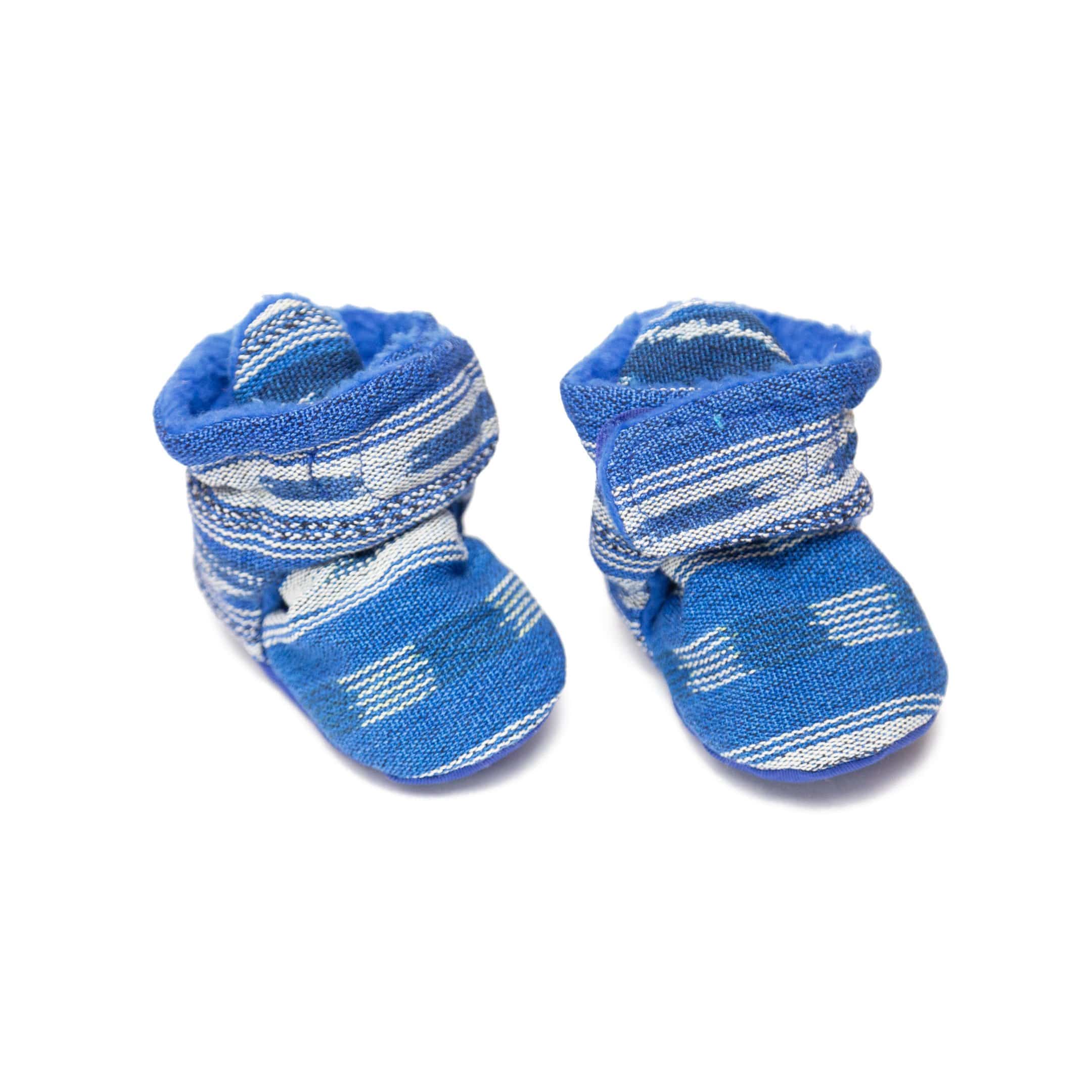 Blue ankle booties for baby, Mexican Native American blue and white pattern 