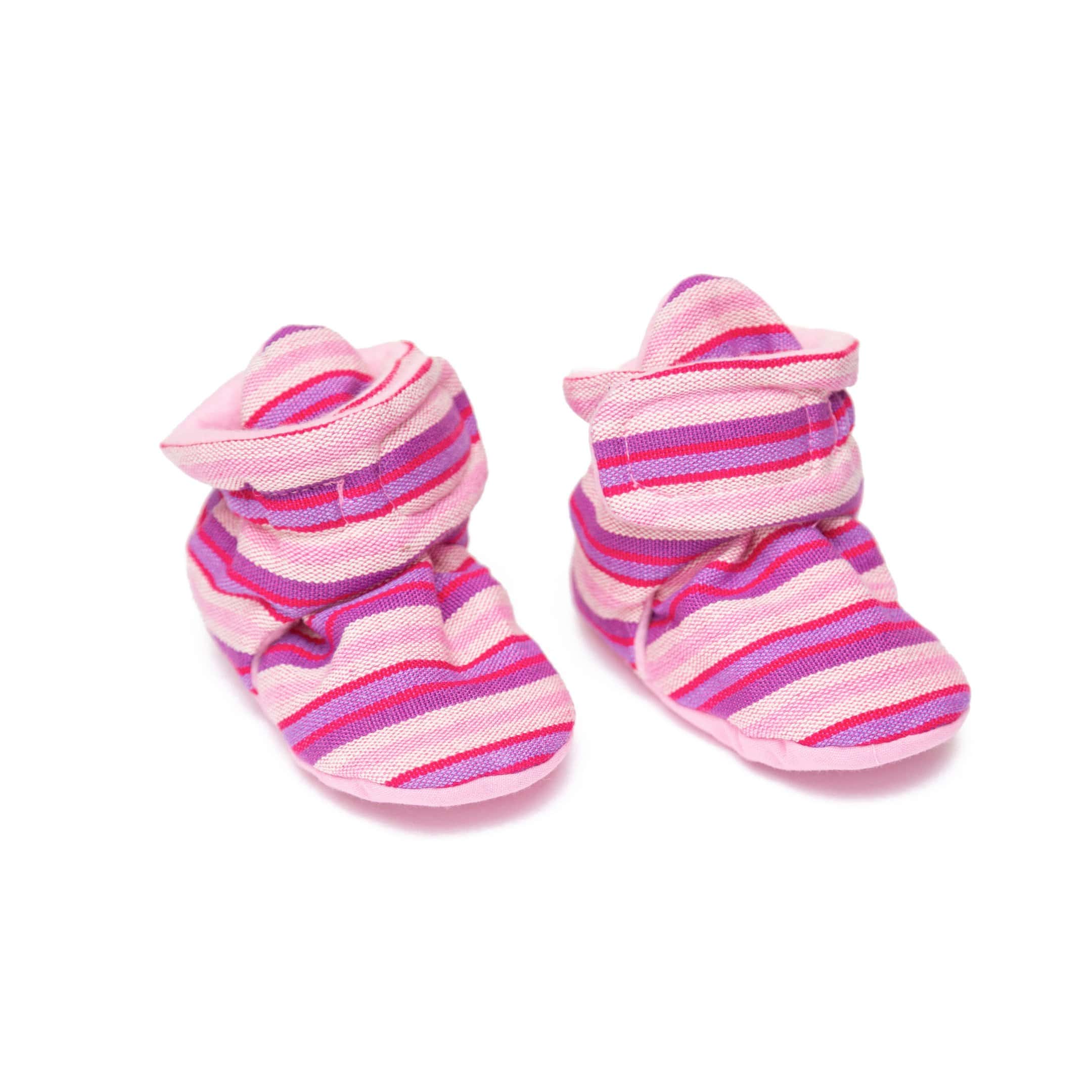 Ankle booties for baby, striped pink and purple 