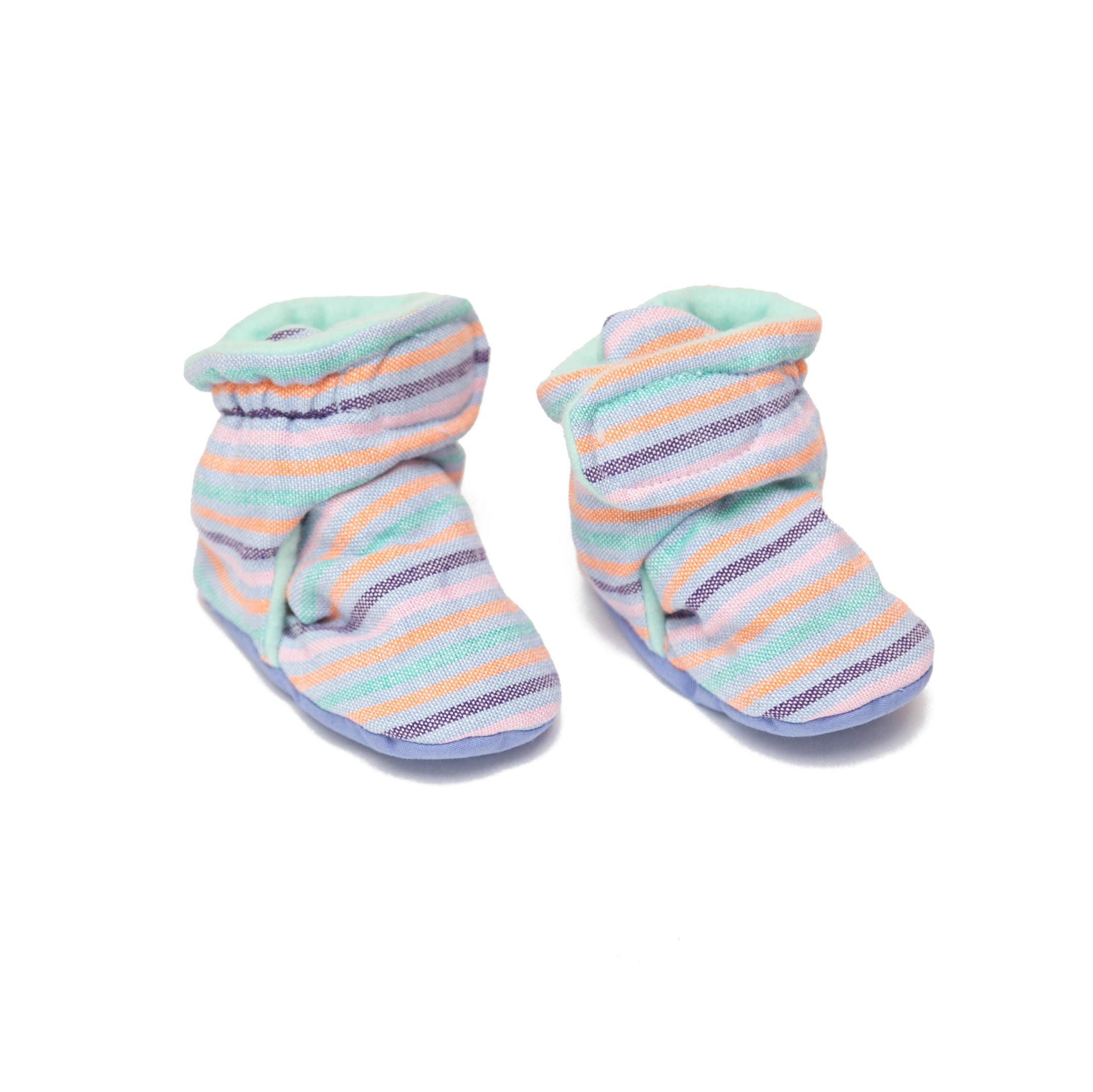 Ankle booties for baby, light blue with stripes of pink, purple, orange, and green